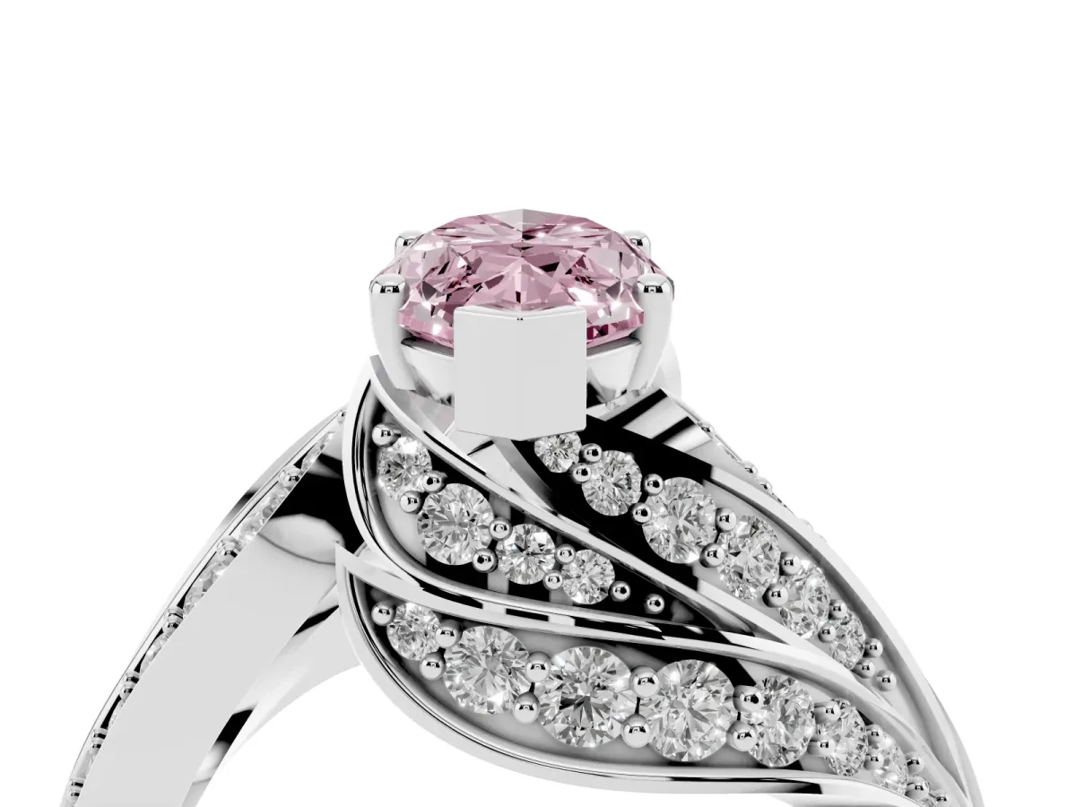 Fancy Pink Marquise Cut Diamond Solitaire Ring with Prong Setting and Twisted Pavé Band Silver