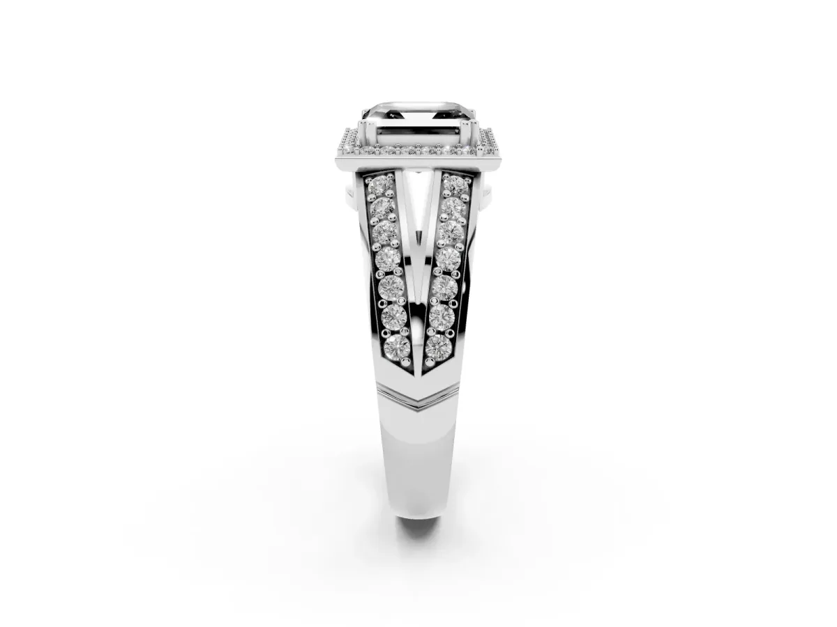 Fancy Black Asscher Cut Diamond Halo Ring with Split Shank Pavé Band and Four-Prong Setting Silver