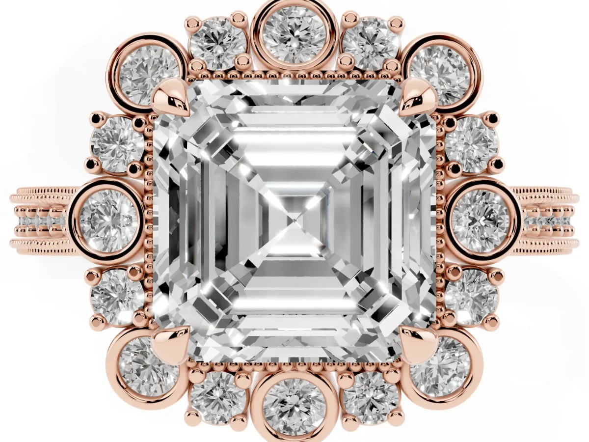 Asscher Cut Halo Milgrain Pave Diamond Ring with Four-Prong Setting Rose gold