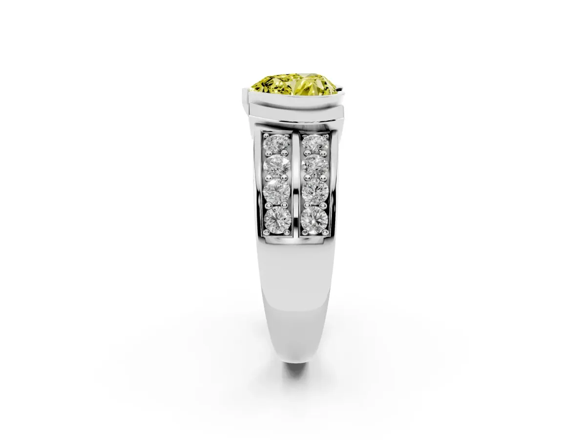 Fancy Yellow Heart Cut Brilliant Diamond Channel Set Wide Band Ring with Bezel Setting Platinum