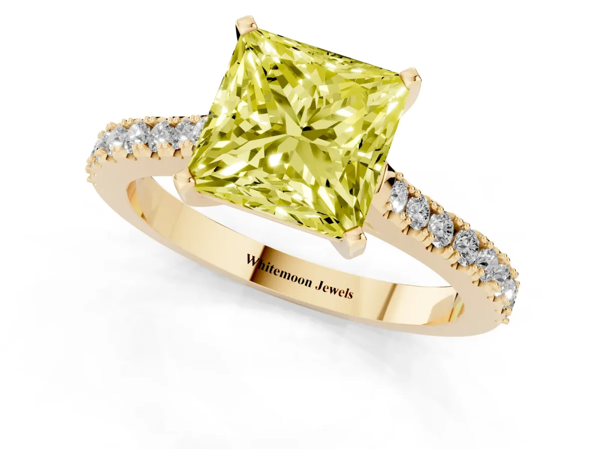 Fancy Yellow Princess Cut Cut Solitaire Diamond Engagement Ring with Pave Band and Four-Prong Setting Yellow gold