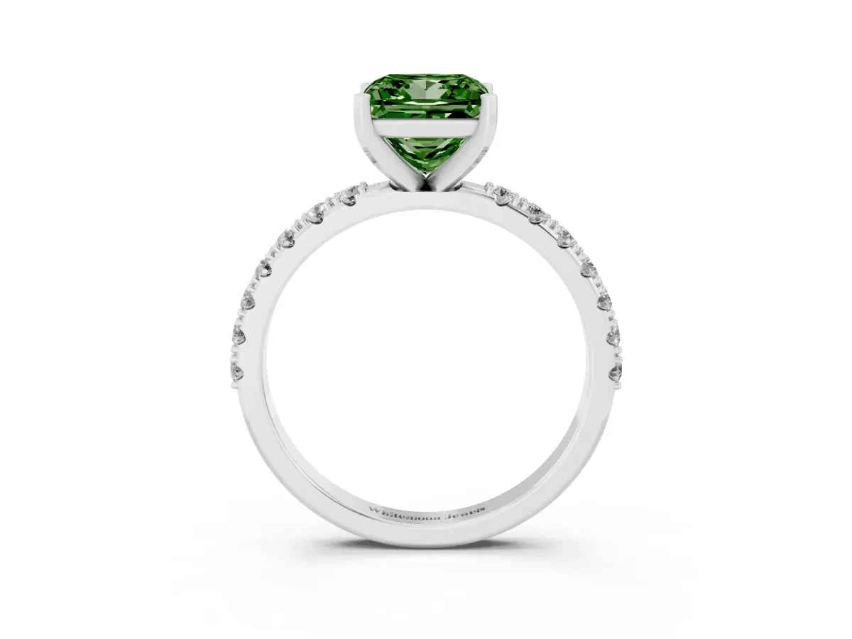 Fancy Green Princess Cut Diamond Solitaire Pavé Band with Four-Prong Setting White gold