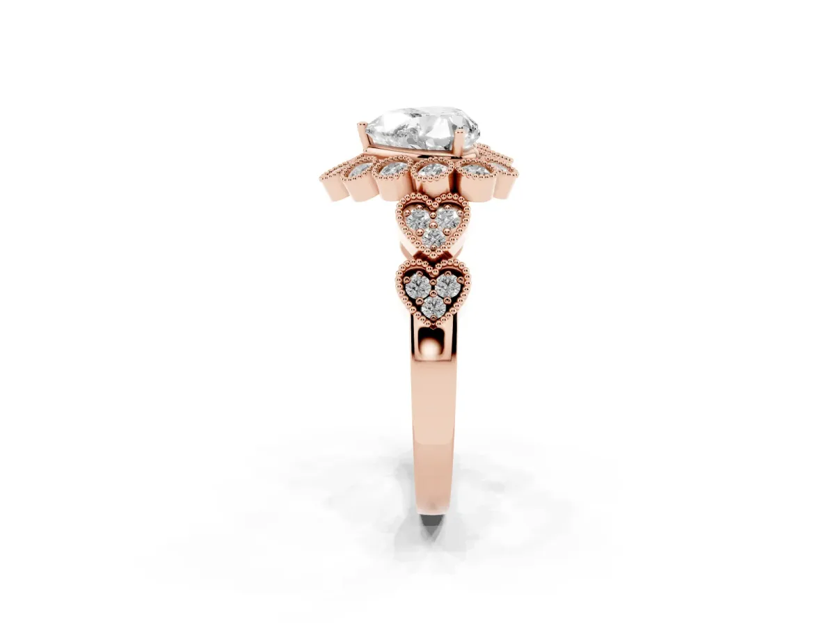 Heart Cut Brilliant Milgrain Pave Heart Band Solitaire Ring Rose gold