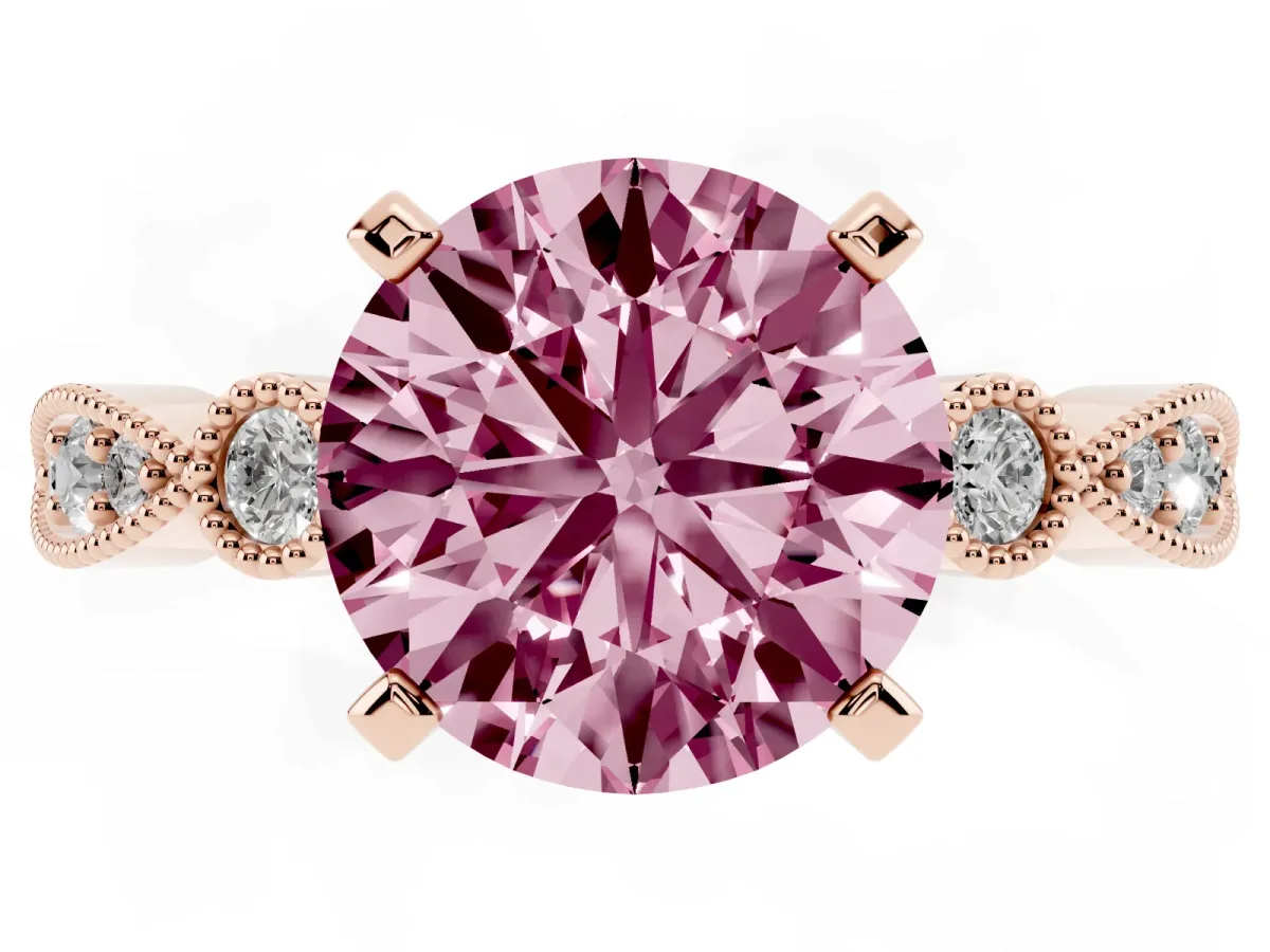 Fancy Pink Round Cut Milgrain Bezel Diamond Engagement Ring with Solitaire Prong Setting Rose gold