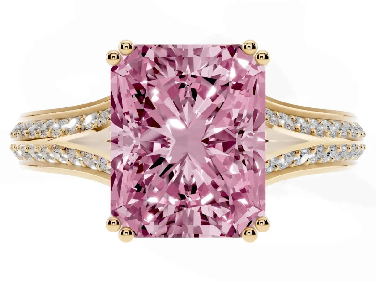 Fancy Pink Radiant Cut Diamond Split Shank Engagement Ring with Pavé Band Yellow gold