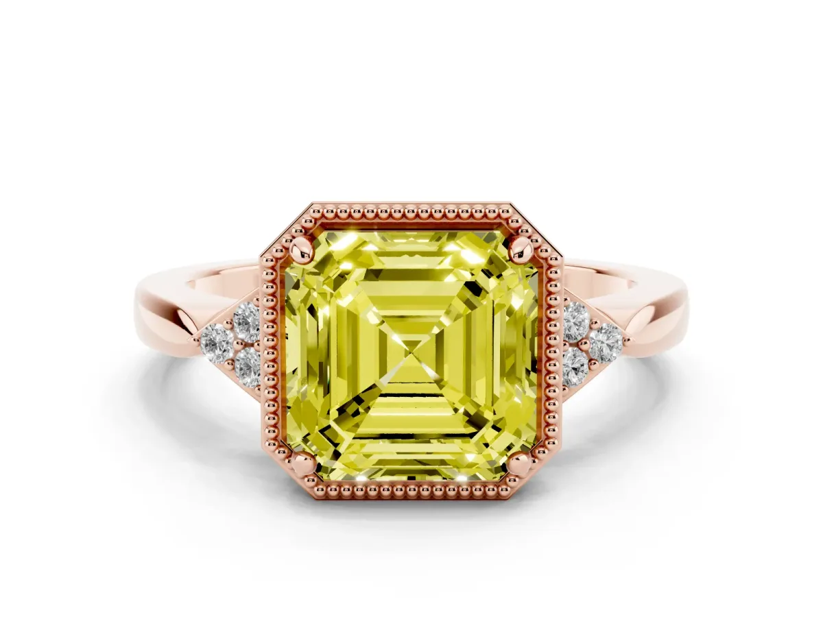 Fancy Yellow Milgrain Asscher Cut Cut Diamond Ring with Tapered Pave Band and Four Prong Setting Rose gold