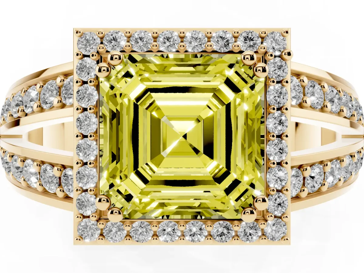 Fancy Yellow Asscher Cut Diamond Halo Ring with Split Shank Pavé Band and Four-Prong Setting Yellow gold