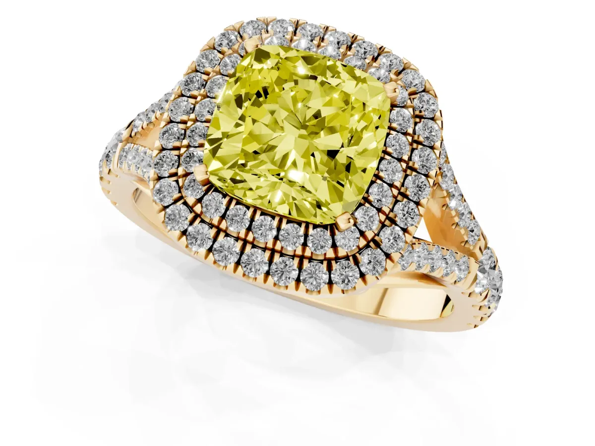 Fancy Yellow Cushion Cut Diamond Pavé Split Shank Double Halo Engagement Ring Yellow gold