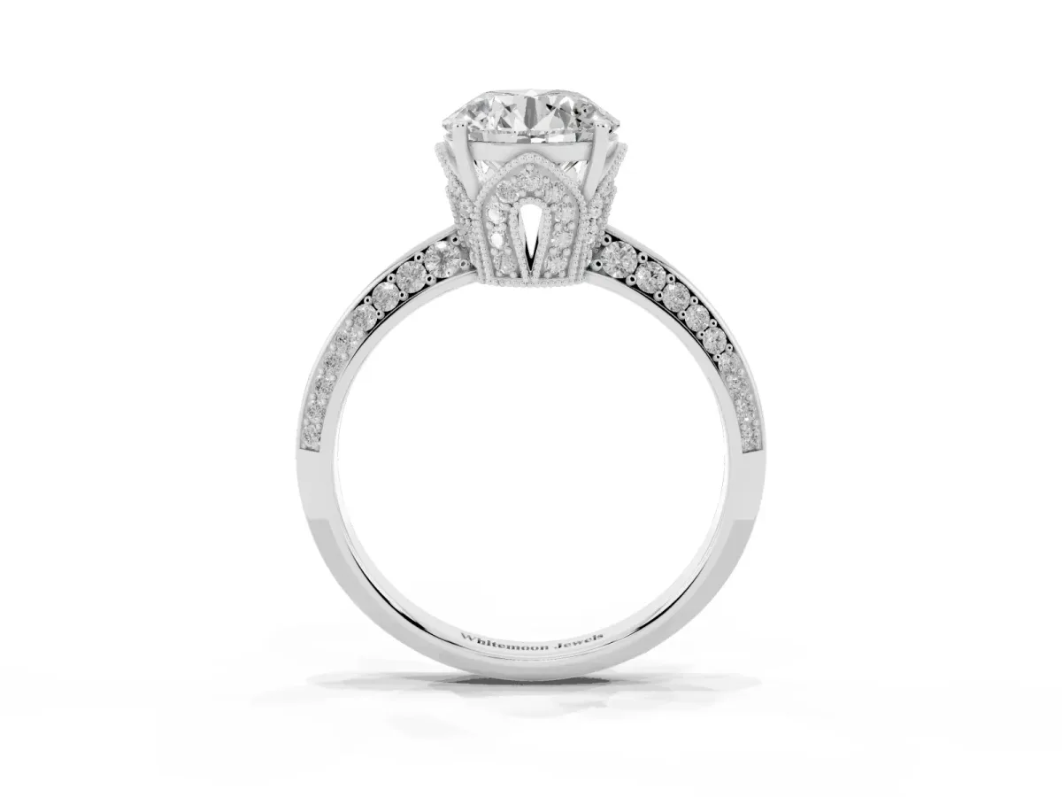 Round Cut Solitaire Split Shank Pave Diamond Engagement Ring with Four-Prong Setting Silver