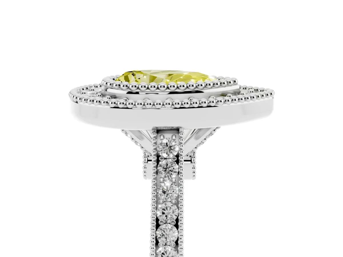 Fancy Yellow Pear Cut Diamond Halo Ring with Milgrain Frame and Pavé Band White gold