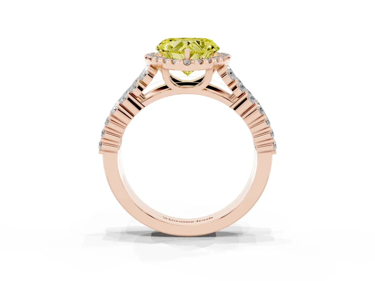 Fancy Yellow Heart Cut Diamond Halo Engagement Ring with Triple Row Round Pavé Band and Prong Setting Rose gold