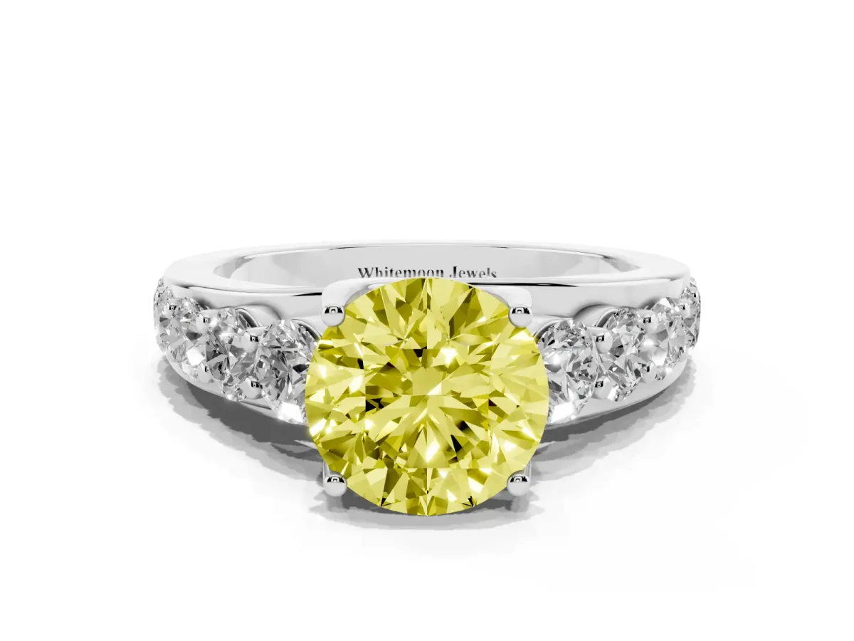 Fancy Yellow Round Cut Diamond Engagement Ring with Pavé Band and Four-Prong Setting Platinum