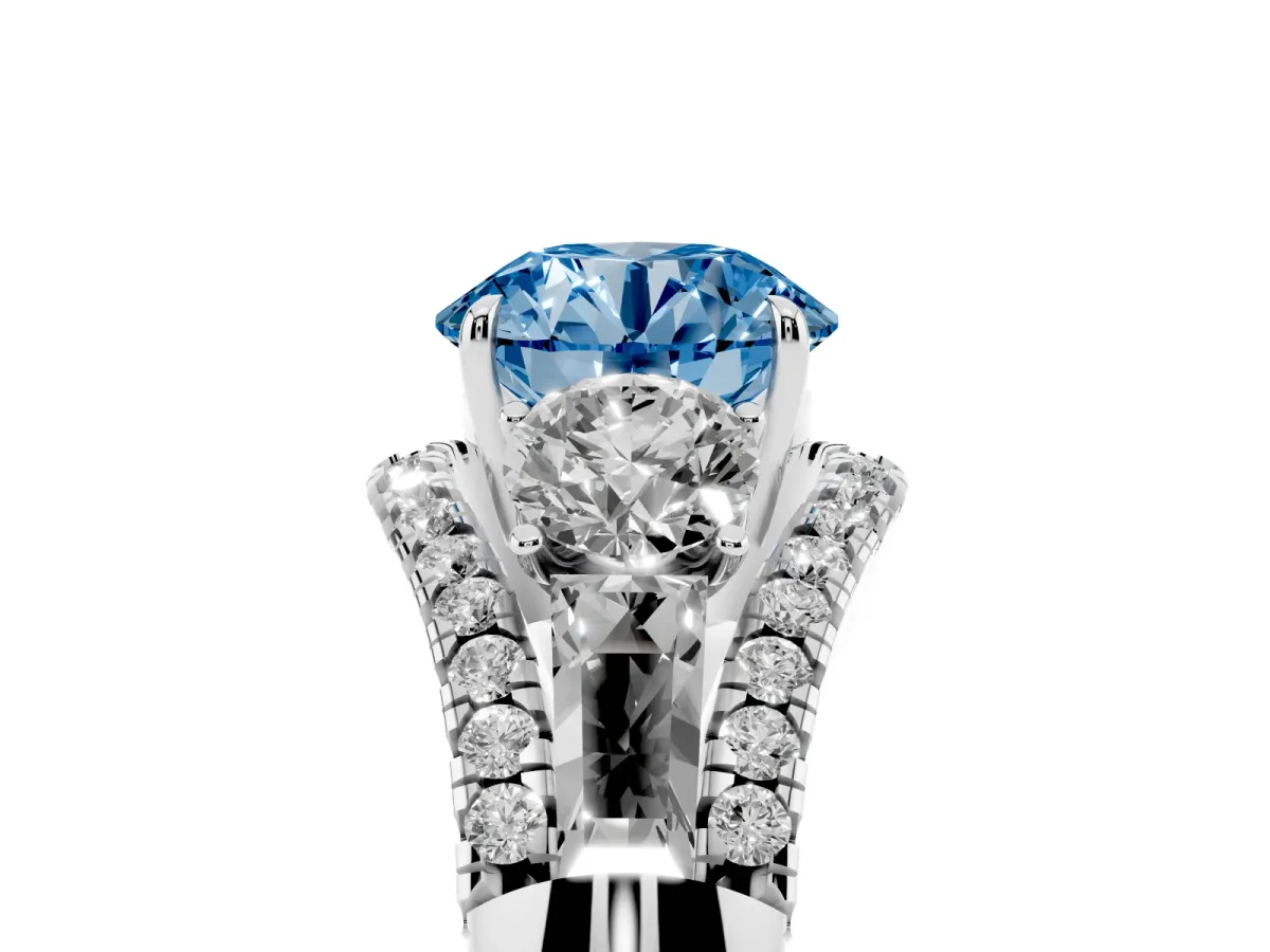 Fancy Blue Three-Stone Round Cut Diamond Engagement Ring with Pave Band and Prong Setting Silver