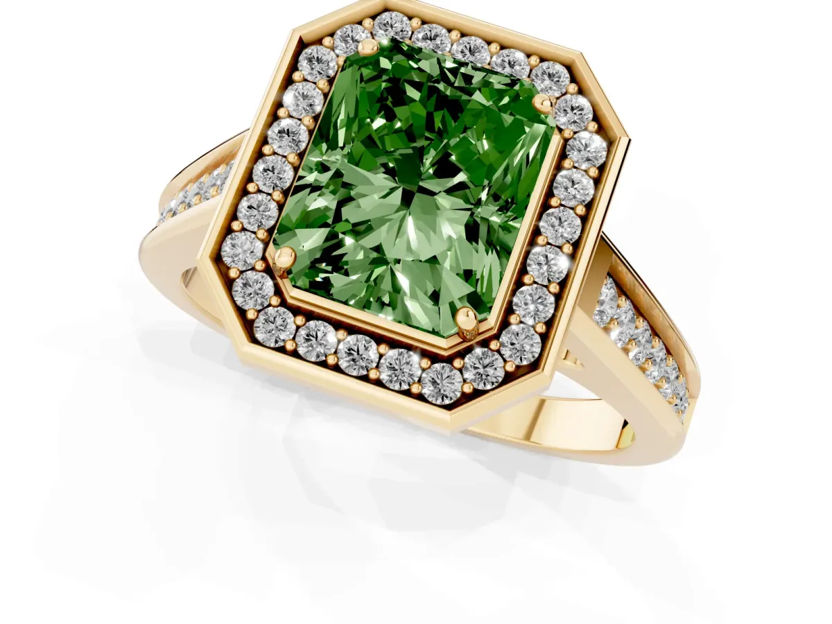 Fancy Green Radiant Cut Halo Solitaire Diamond Ring with Pave Band and Bezel Setting Yellow gold