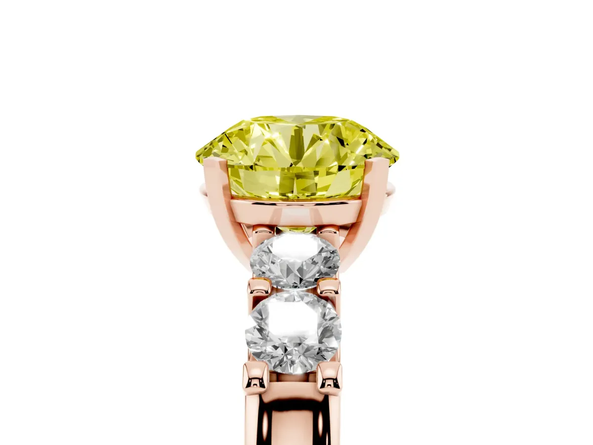 Fancy Yellow Round Cut Brilliant Cut Diamond Five-Stone Prong Set Engagement Ring with Channel Band Rose gold