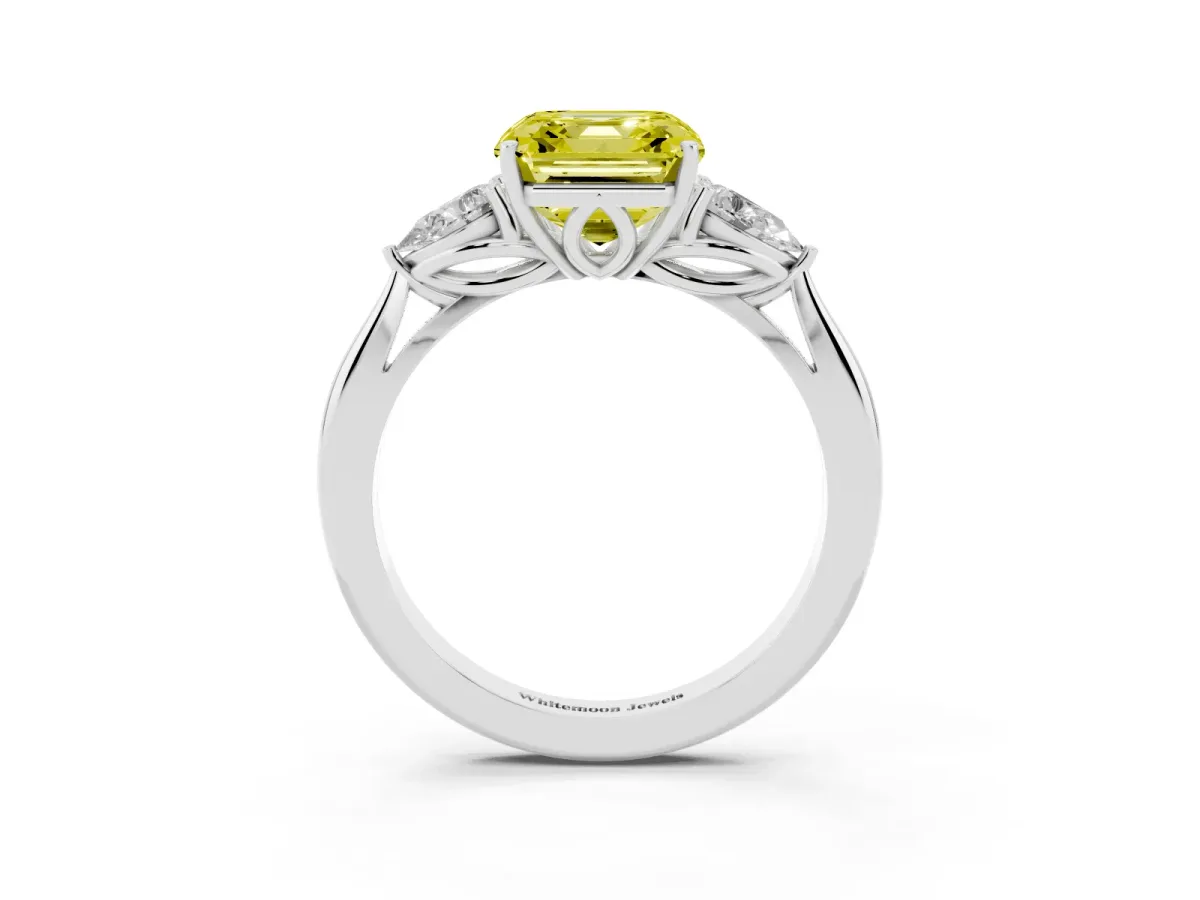 Fancy Yellow Three-Stone Asscher Cut Brilliant Diamond Solitaire Ring with Tapered Band and Four-Prong Setting Platinum