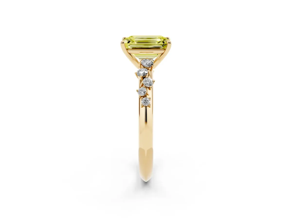 Fancy Yellow Emerald Cut Diamond Cluster Side Stone Solitaire Ring with Prong Setting Yellow gold