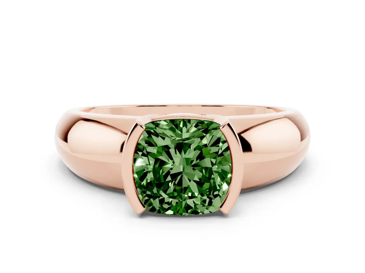 Fancy Green Cushion Cut Solitaire Tension Set Diamond Ring with Wide Band Rose gold