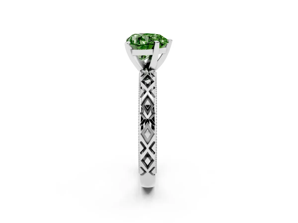 Fancy Green Heart Cut Solitaire Diamond Ring with Milgrain and Black Enamel X Pattern Band Silver