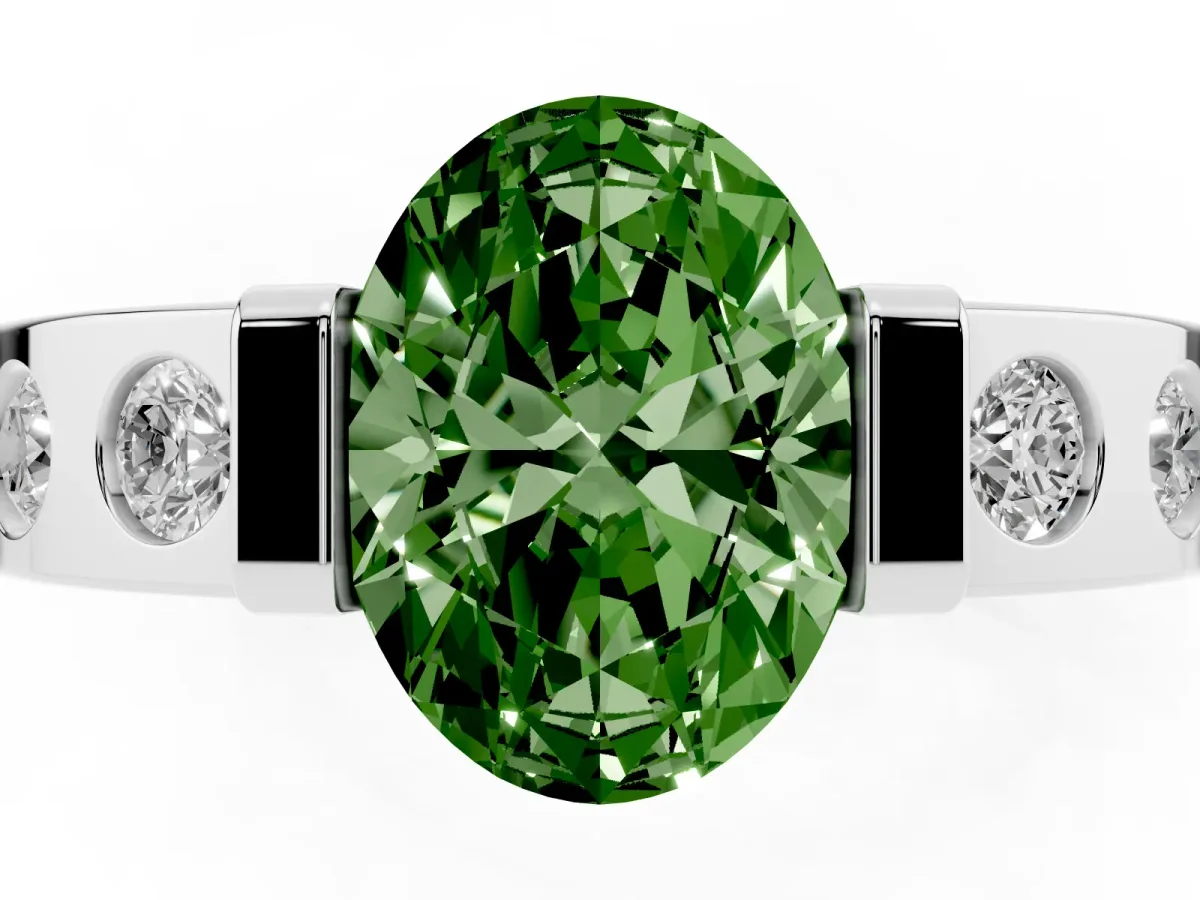 Fancy Green Oval Cut Brilliant Channel-Set Diamond Ring with Bezel Prong Setting Silver