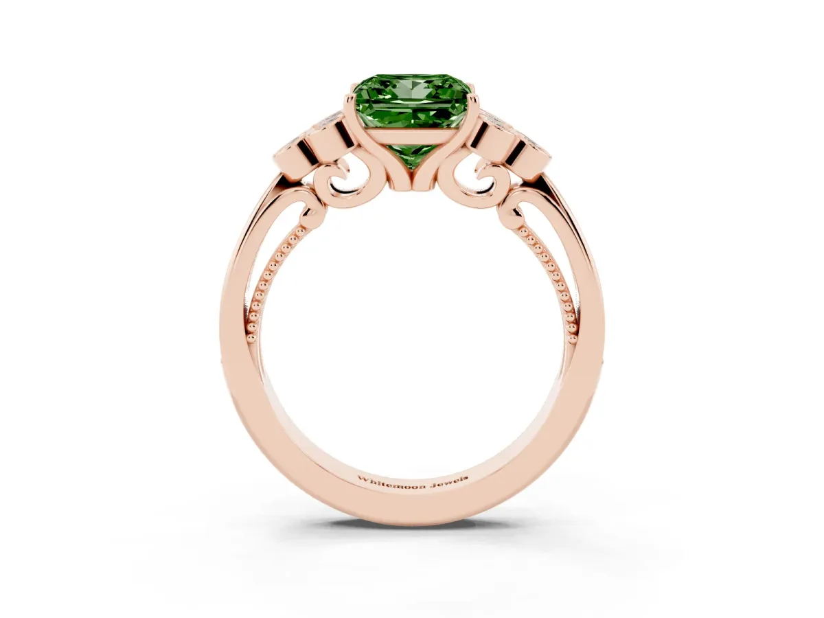 Fancy Green Princess Cut Cut Diamond Engagement Ring with Bezel Set Round Side Stones and Prong Setting Rose gold