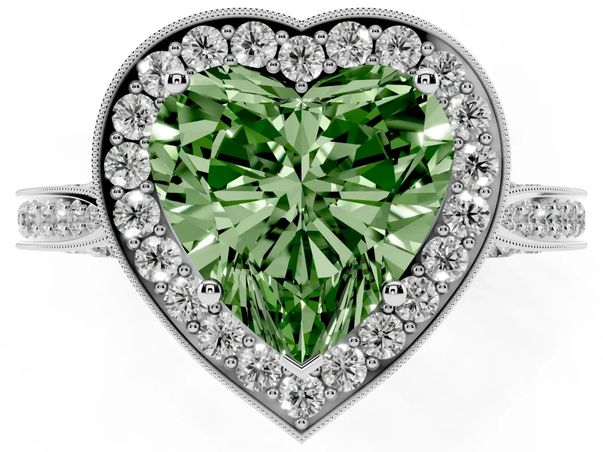 Fancy Green Heart Cut Halo Diamond Engagement Ring with Split Shank Band and Four-Prong Setting Silver