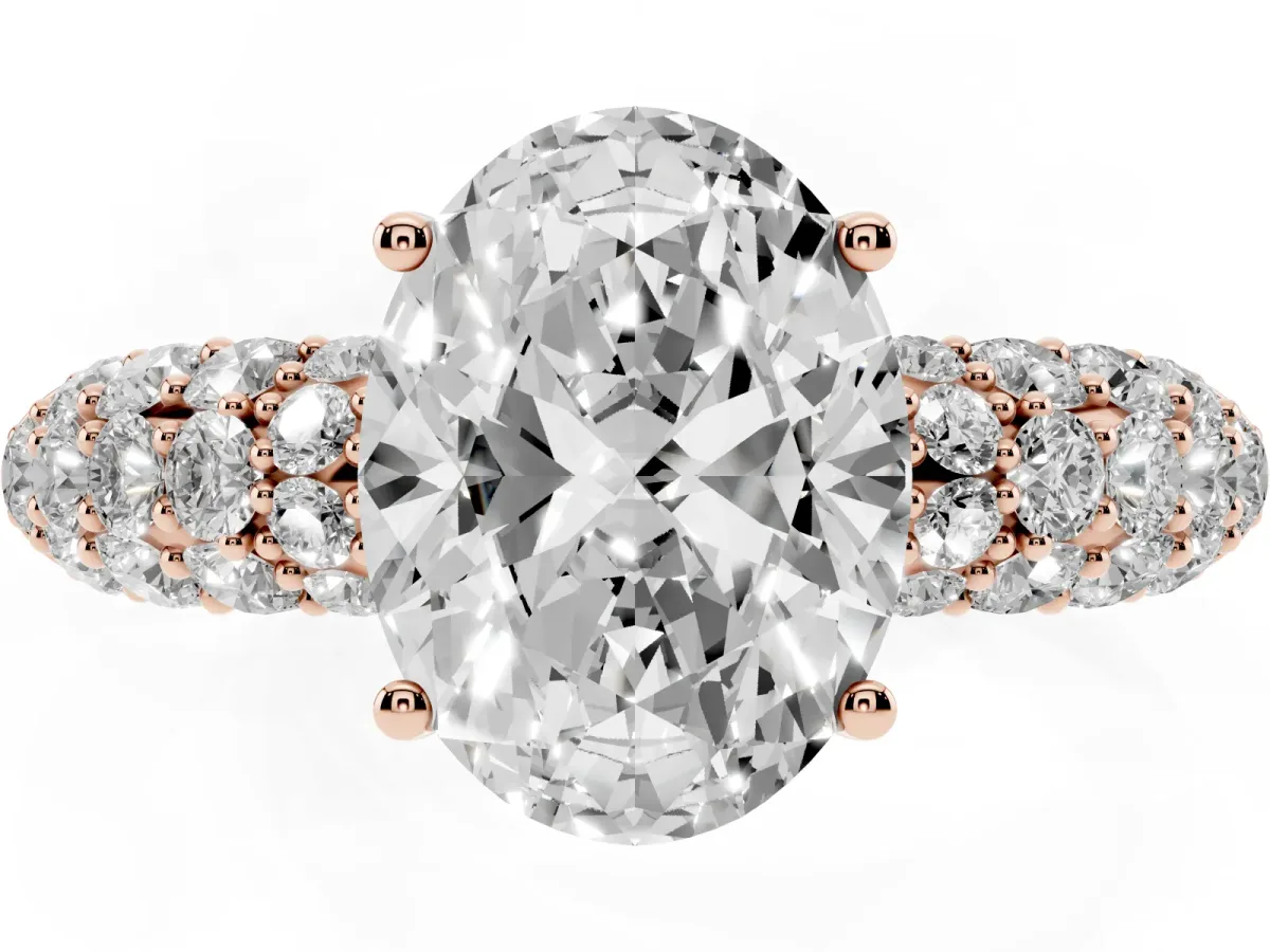 Oval Cut Diamond Pavé Band Solitaire Ring with Four-Prong Setting Rose gold