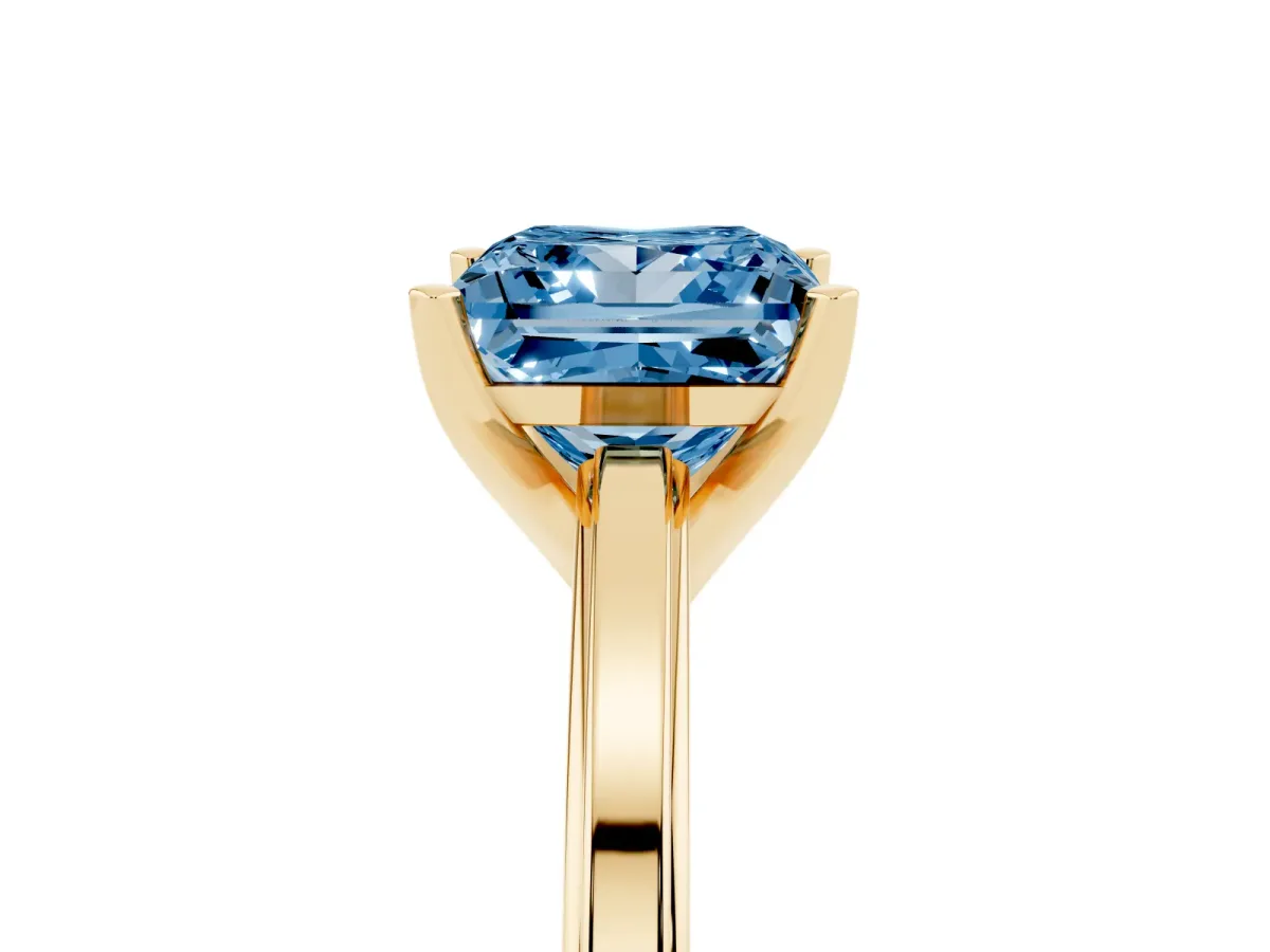 Fancy Blue Princess Cut Solitaire Diamond Ring with Four-Prong Setting and Classic Band Yellow gold