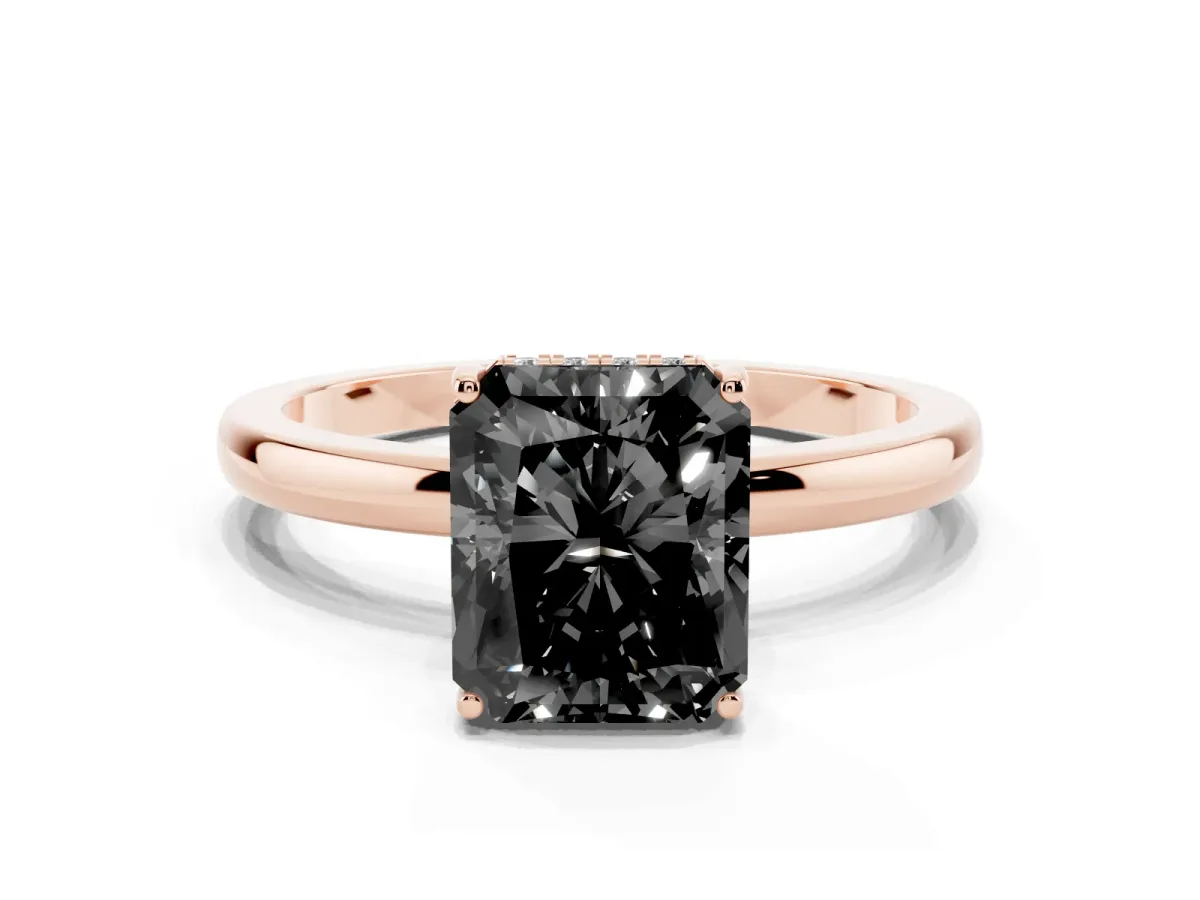 Fancy Black Radiant Cut Solitaire Diamond Ring with Prong Setting and Plain Band Rose gold