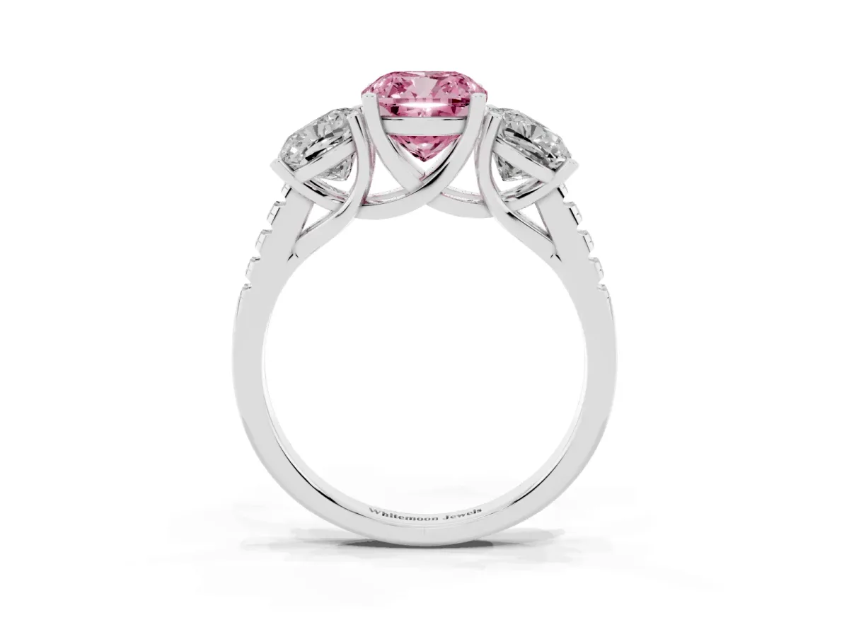 Fancy Pink Three-Stone Cushion Cut Diamond Ring with Round Pavé Band and Prong Setting Silver