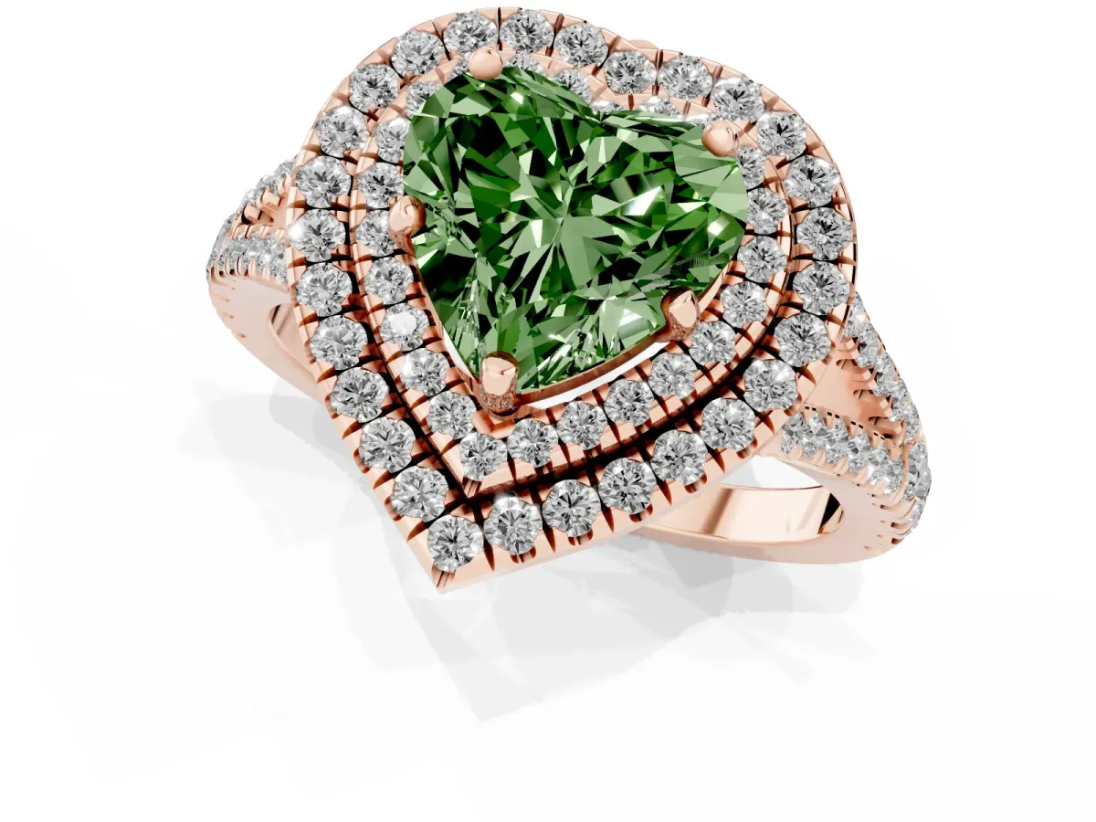Fancy Green Heart Cut Diamond Double Halo Ring with Pavé Band and Prong Setting Rose gold