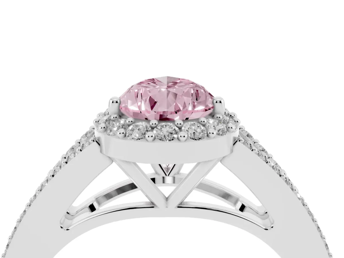 Fancy Pink Pear Cut Halo Split Shank Pave Diamond Ring with Four-Prong Setting Platinum