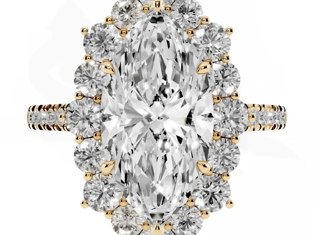 Marquise Cut Halo Diamond Ring with Pavé Band and Prong Setting Yellow gold