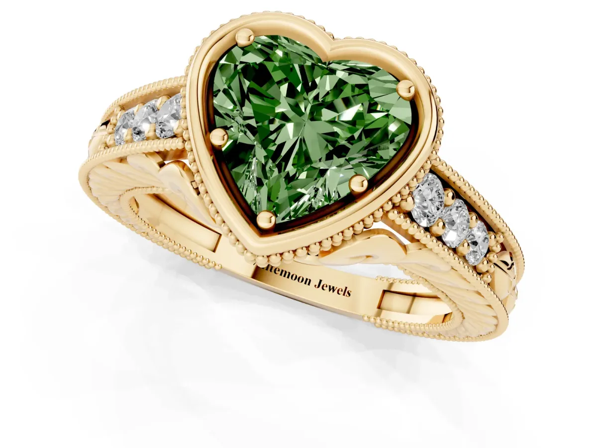Fancy Green Bezel Set Heart Cut Diamond Milgrain Pave Engagement Ring Yellow gold
