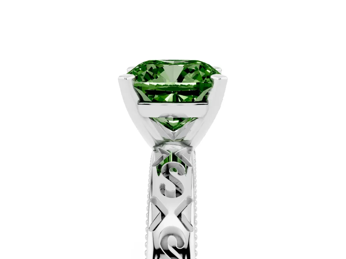 Fancy Green Cushion Cut Solitaire Engagement Ring with Scrollwork Band and Four-Prong Setting Platinum