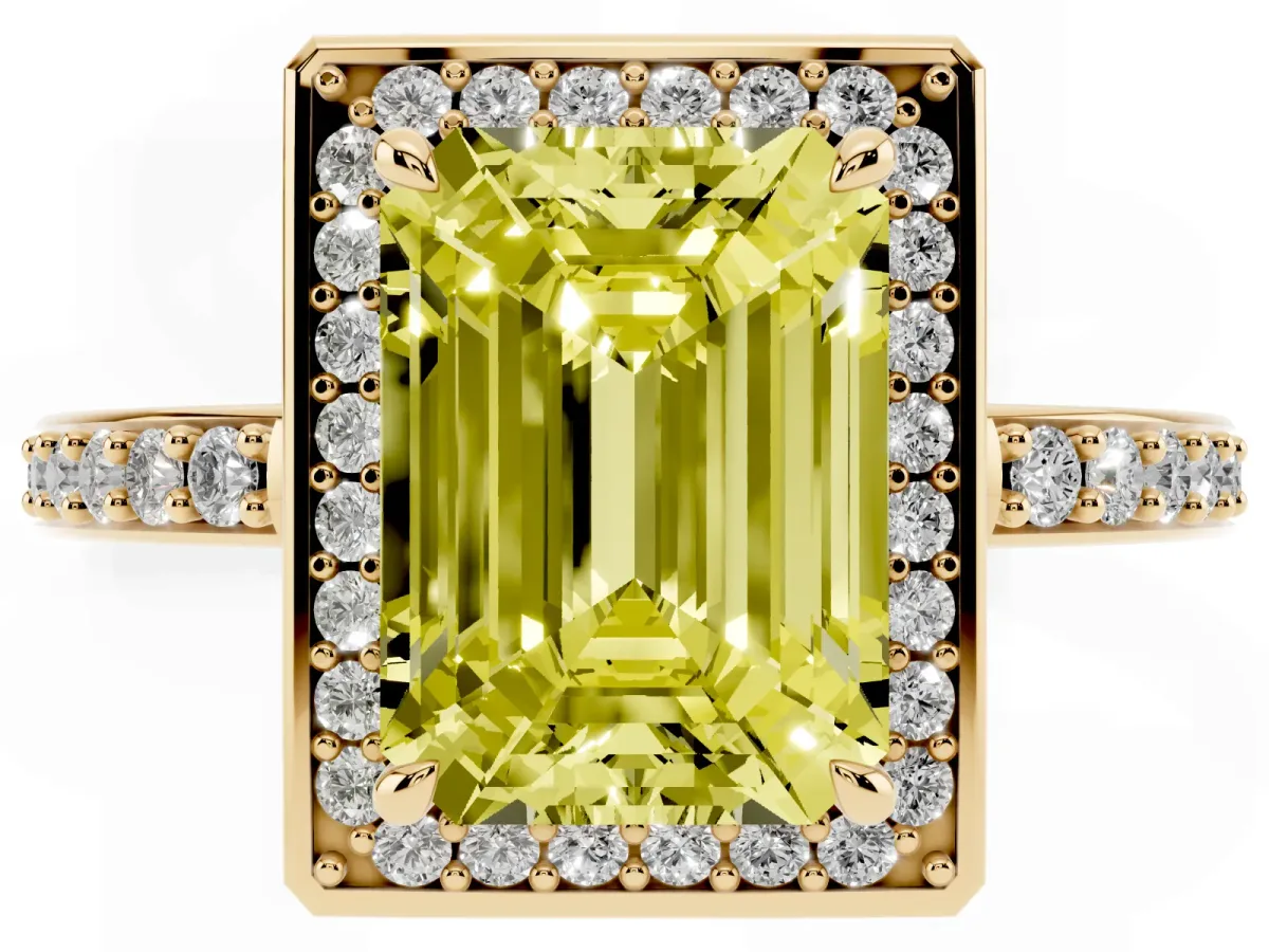 Fancy Yellow Emerald Cut Halo Pave Band Solitaire Ring with Prong Setting Yellow gold