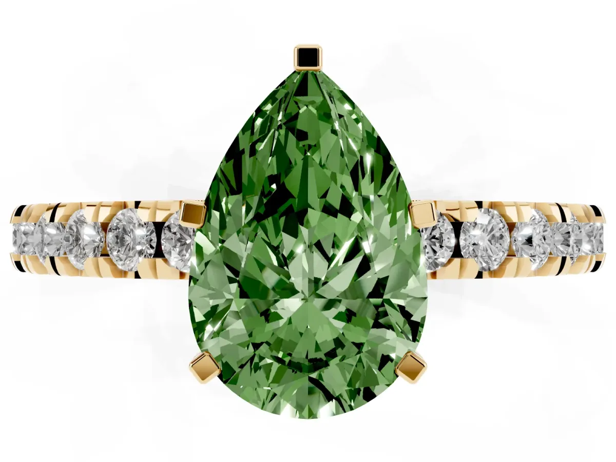 Fancy Green Pear Cut Diamond Pavé Band Solitaire with Four-Prong Setting Yellow gold