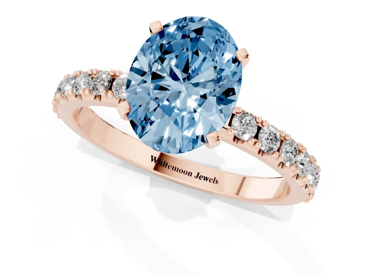 Fancy Blue Oval Cut Diamond Solitaire Pavé Band with Four-Prong Setting Rose gold