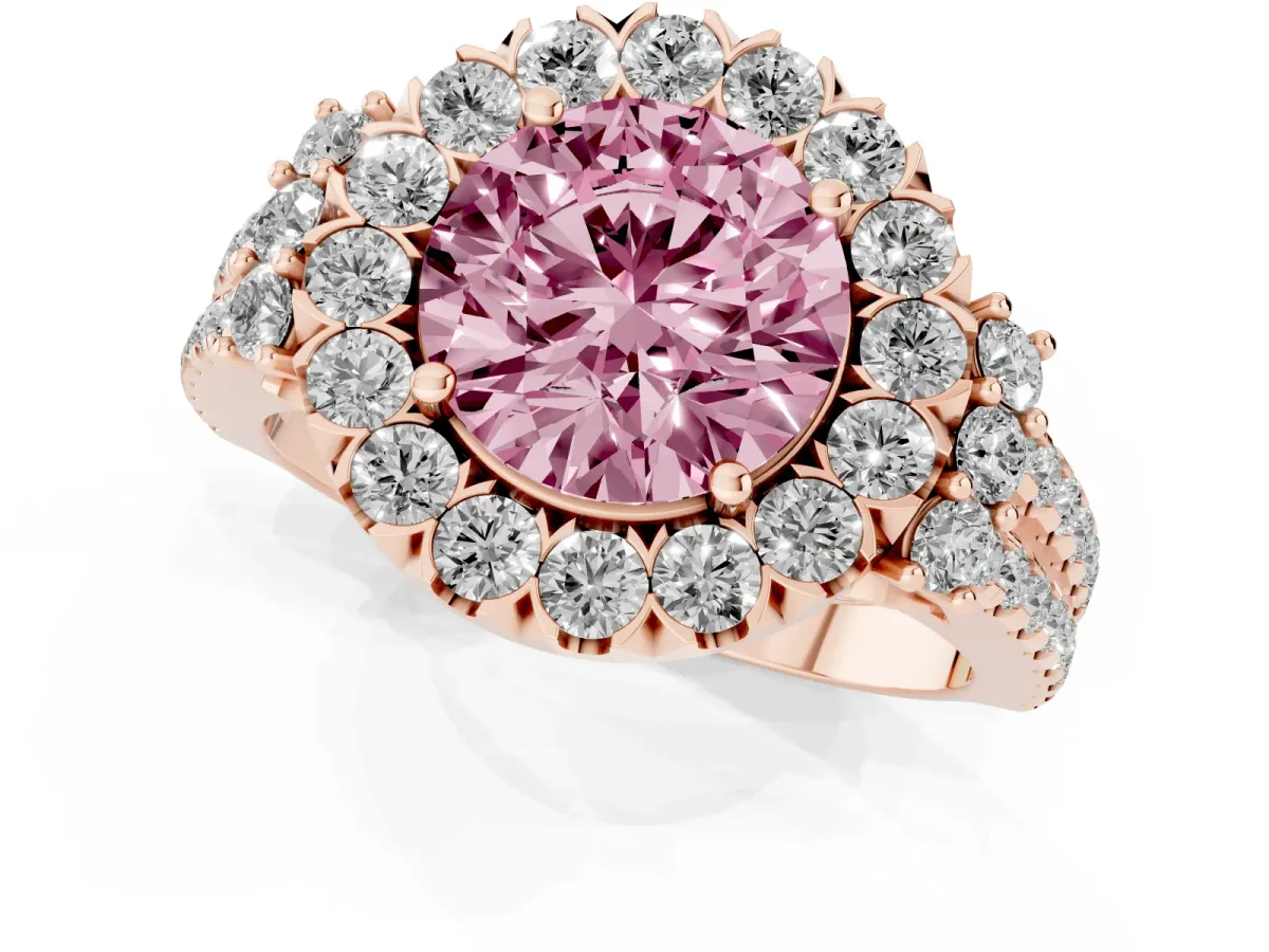 Fancy Pink Round Cut Cut Double Halo Diamond Engagement Ring with Pave Band and Four-Prong Setting Rose gold