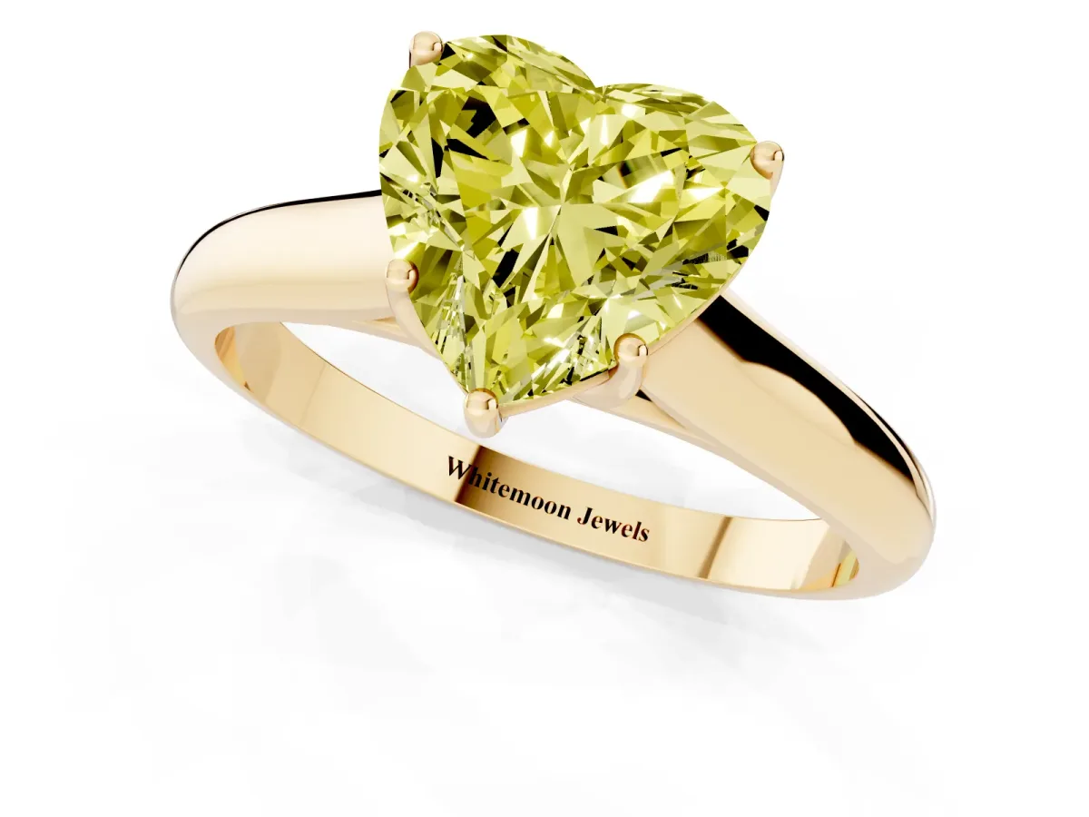 Fancy Yellow Heart Cut Cut Diamond Solitaire Engagement Ring with Tapered Plain Band and Four-Prong Setting Yellow gold