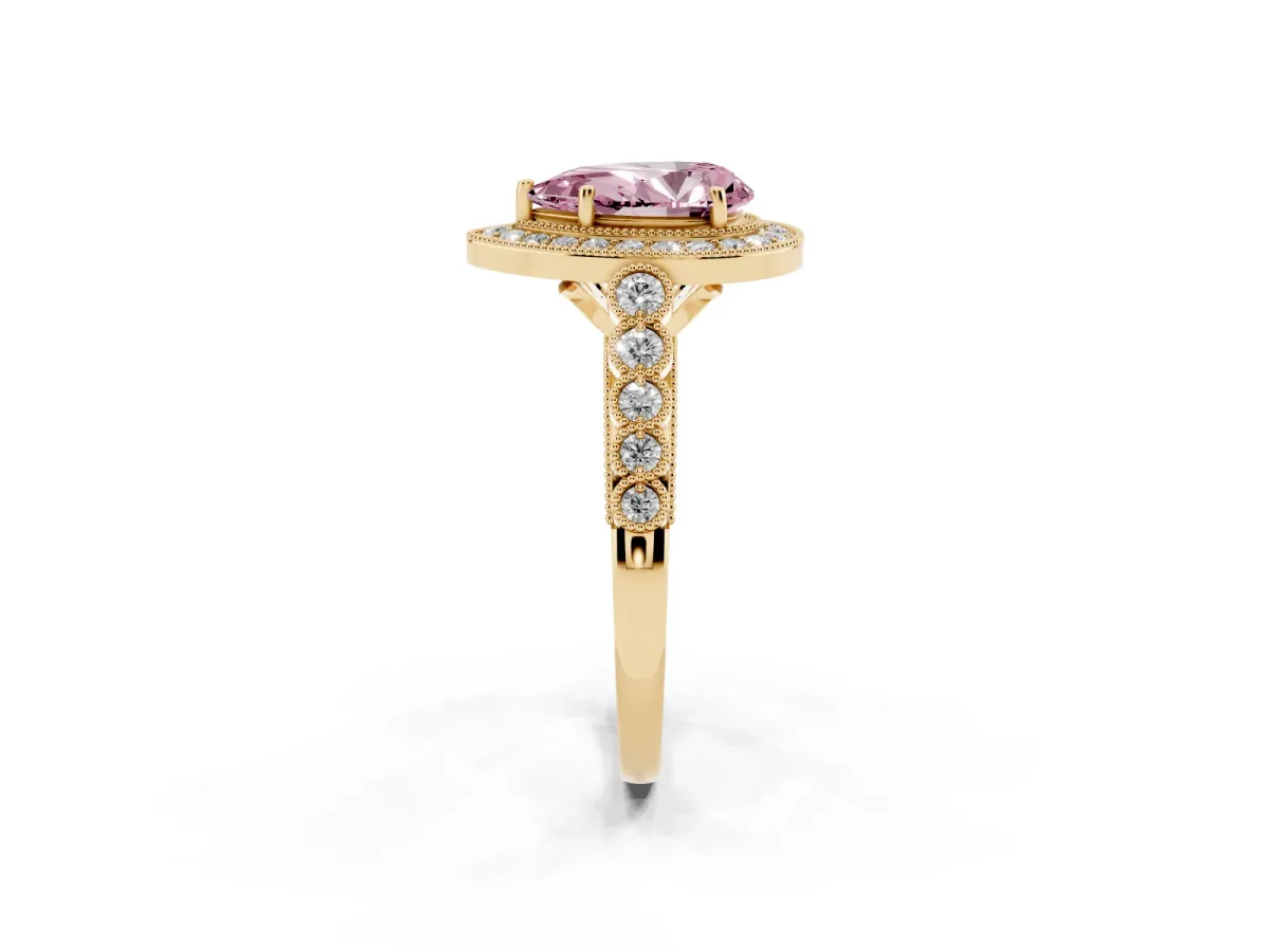 Fancy Pink Pear Cut Halo Milgrain Solitaire with Bezel Set Side Stones and Pave Band Yellow gold