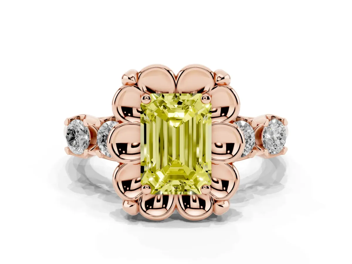 Fancy Yellow Emerald Cut Cut Diamond Floral Halo Engagement Ring with Shared Prong Setting Rose gold