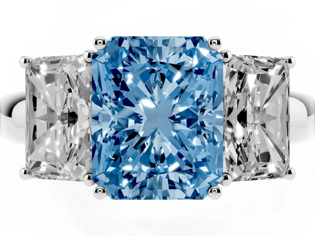 Fancy Blue Radiant Cut Diamond Three-Stone Ring with Four-Prong Setting and Classic Band Silver