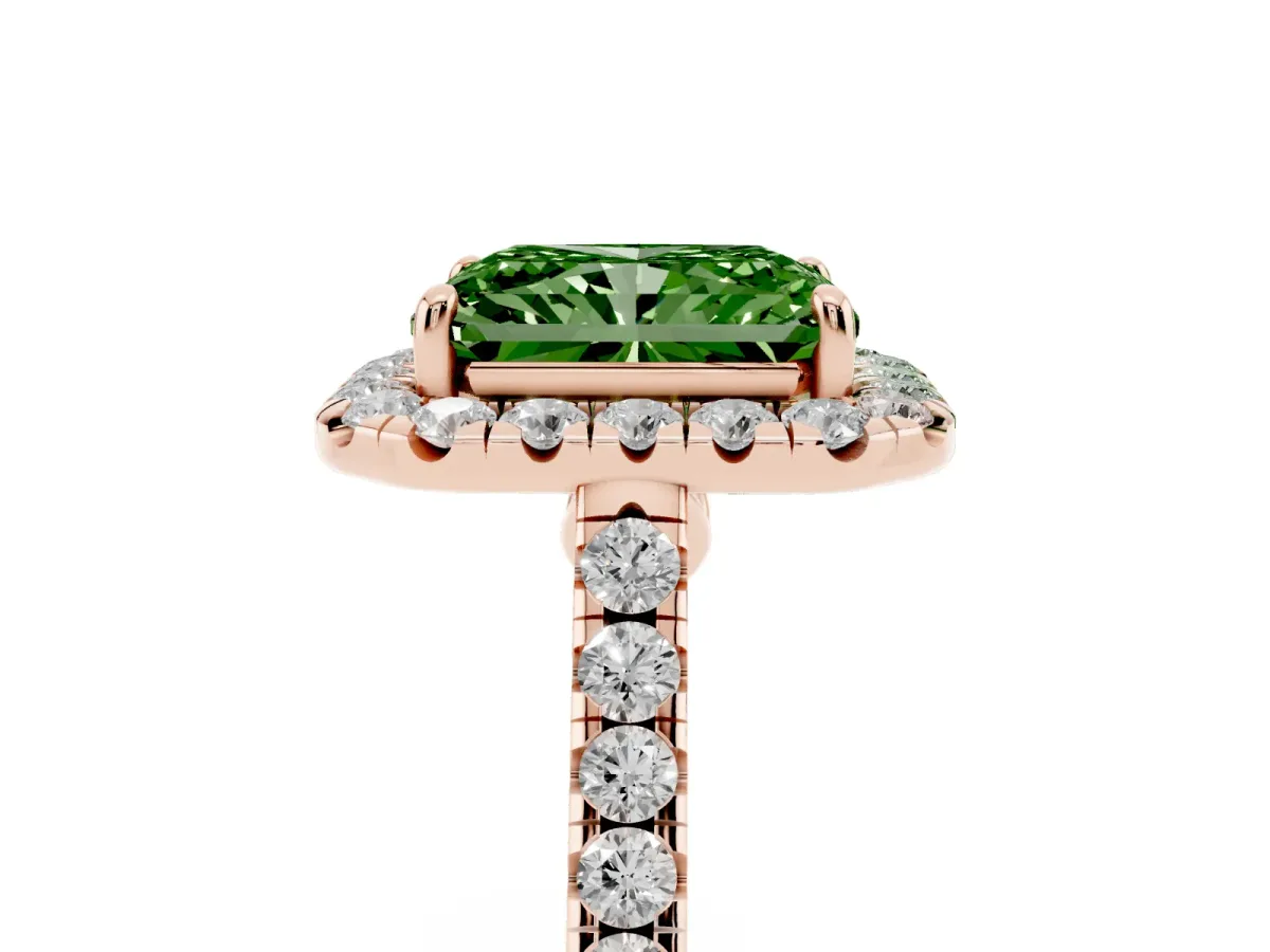 Fancy Green Radiant Cut Halo Pave Diamond Engagement Ring with Four-Prong Setting Rose gold