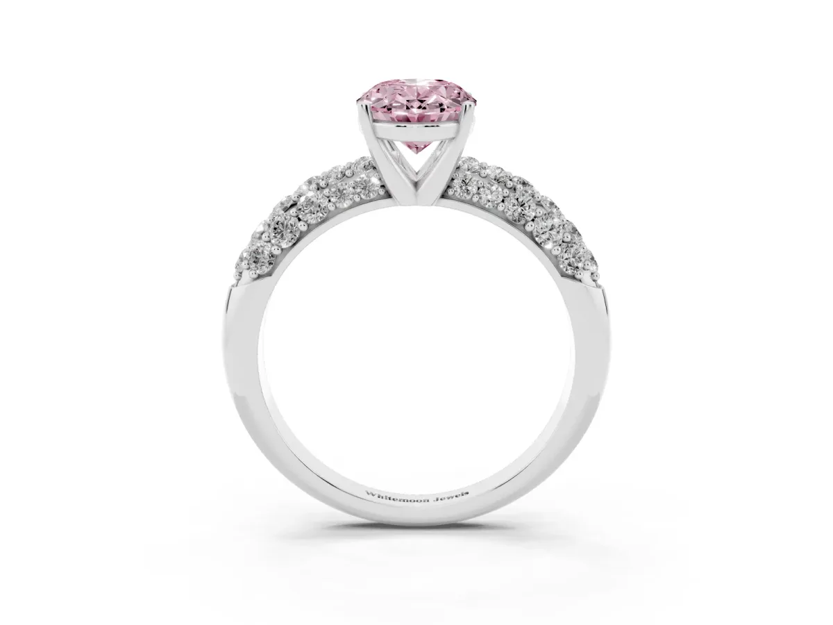 Fancy Pink Oval Cut Diamond Pavé Band Solitaire Ring with Four-Prong Setting White gold