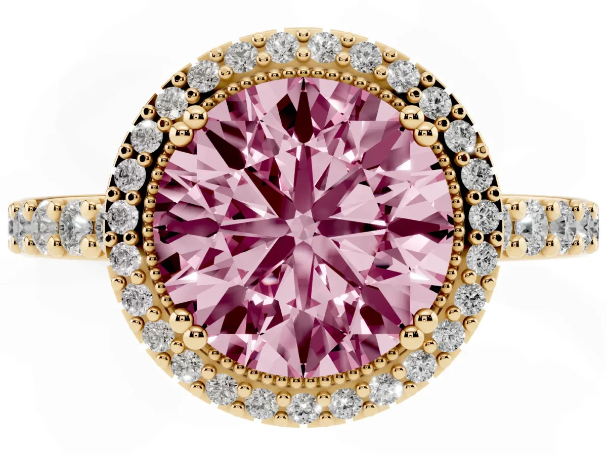 Fancy Pink Round Cut Cut Diamond Halo Engagement Ring with Milgrain Detail and Pavé Band Yellow gold