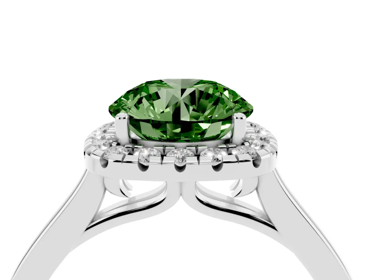Fancy Green Round Cut Halo Round Diamond Solitaire Ring with Pavé Band and Four-Prong Setting Platinum