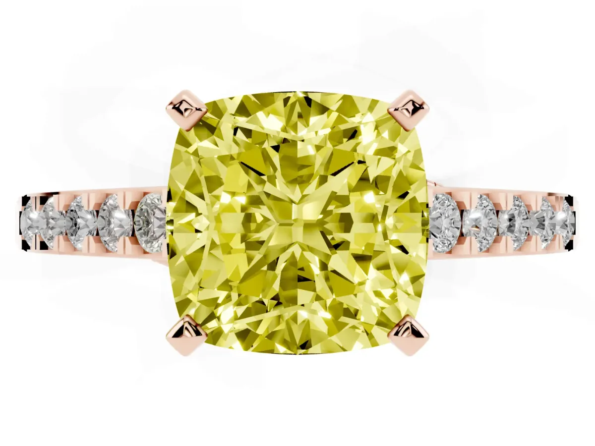Fancy Yellow Cushion Cut Diamond Solitaire Ring with Crossover Gallery and Round Pavé Band Rose gold