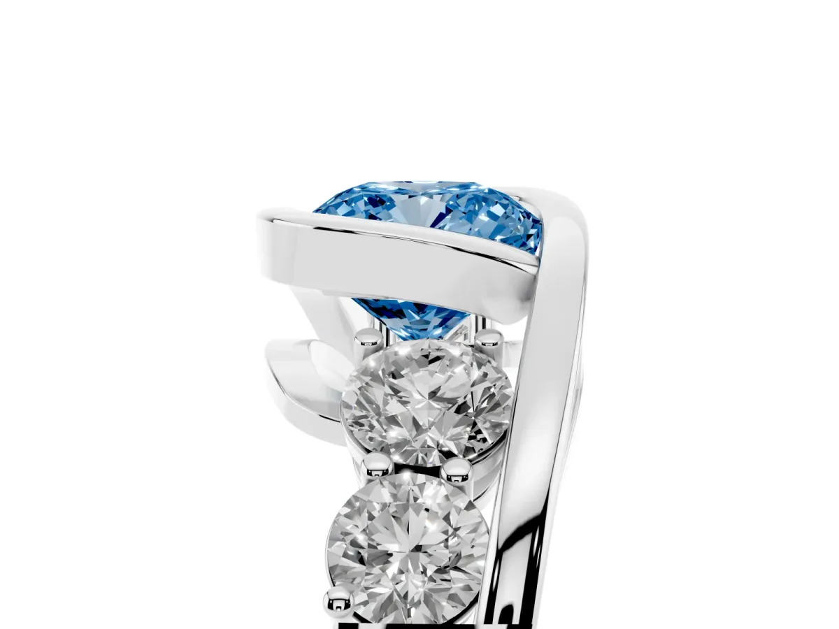 Fancy Blue Bezel Set Cushion Cut Diamond Bypass Ring with Round Accents Silver