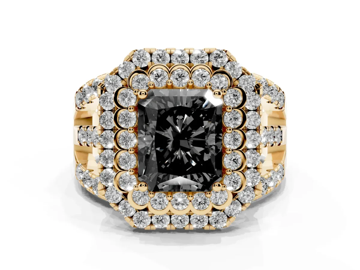 Fancy Black Radiant Cut Diamond Double Halo Ring with Round Pavé Split Shank and Prong Setting Yellow gold